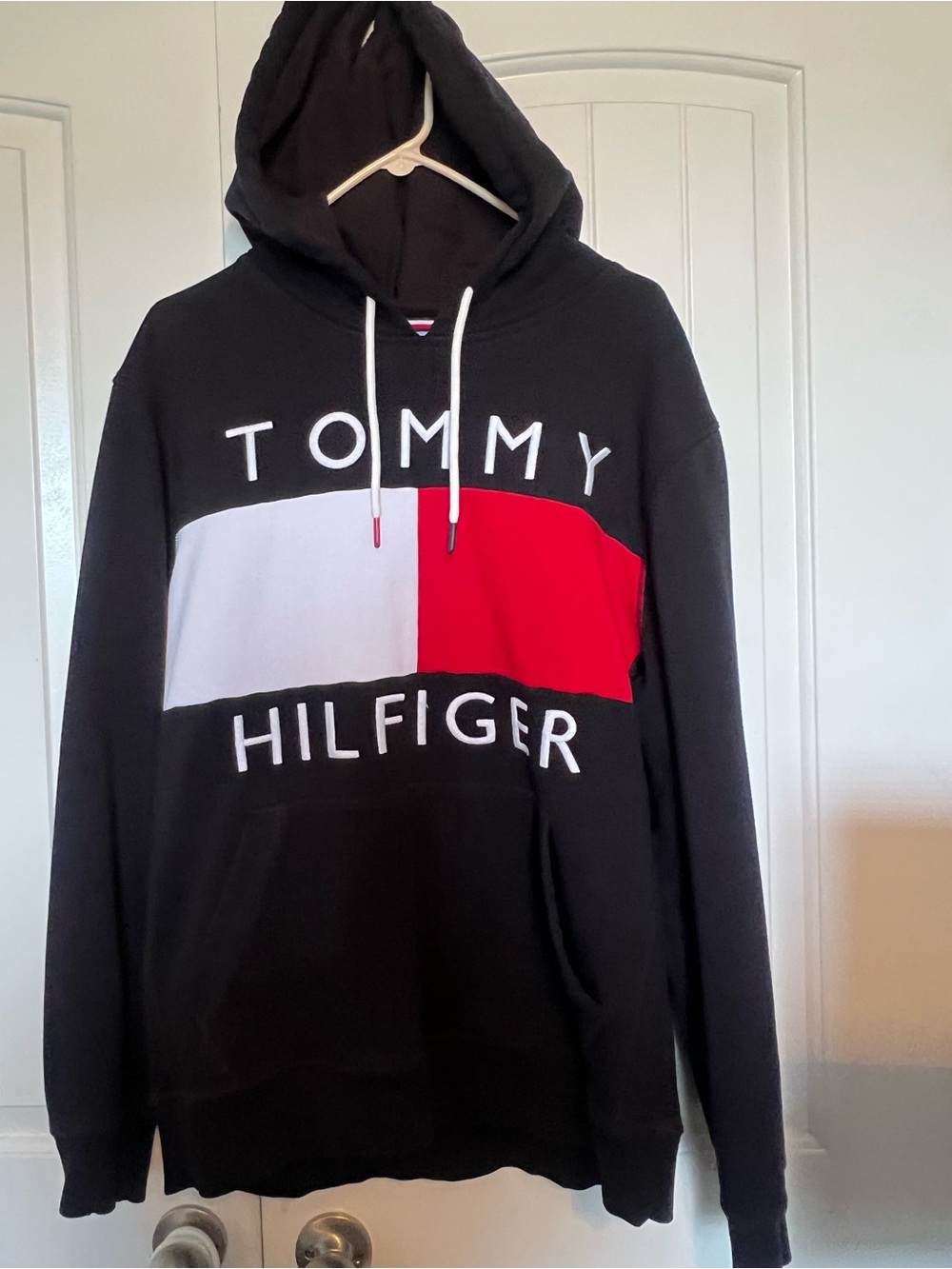 Tommy Hilfiger Black Hoodie with Red and White Flag Panel